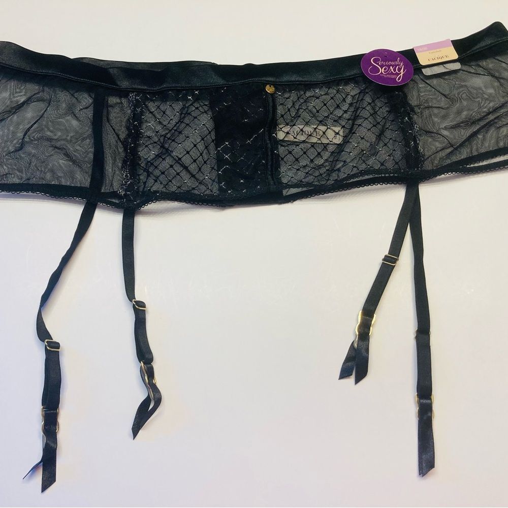 Cacique Garter Belt Womens 18/20 Black Sheer Mesh Embroidered Seriously Sexy NWT